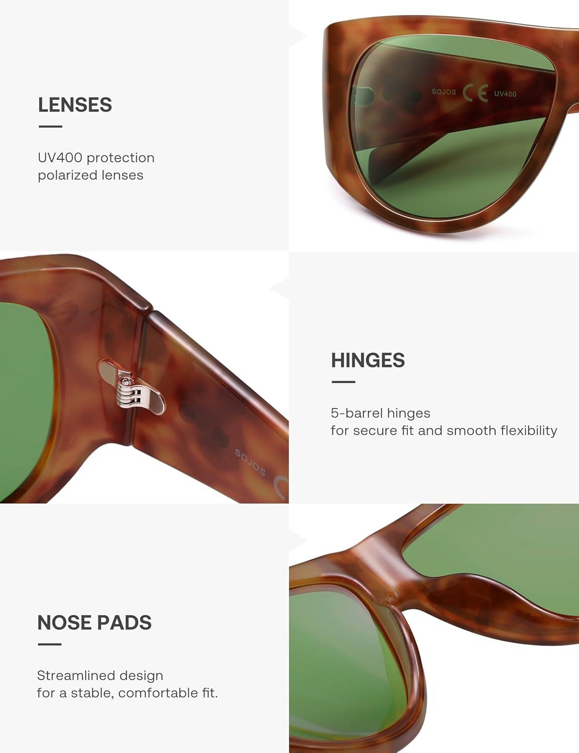 imageSOJOS Vintage Retro Oversized Big Aviator Polarized Sunglasses Womens Men SJ2615Yellow Tortoise Frame Green Lens