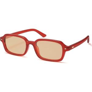 imageSOJOS Trendy Rectangle Polarized Sunglasses for Women Men Retro Small Thin Slim Narrow Square Sunnies SJ2610RedLight Brown Tint