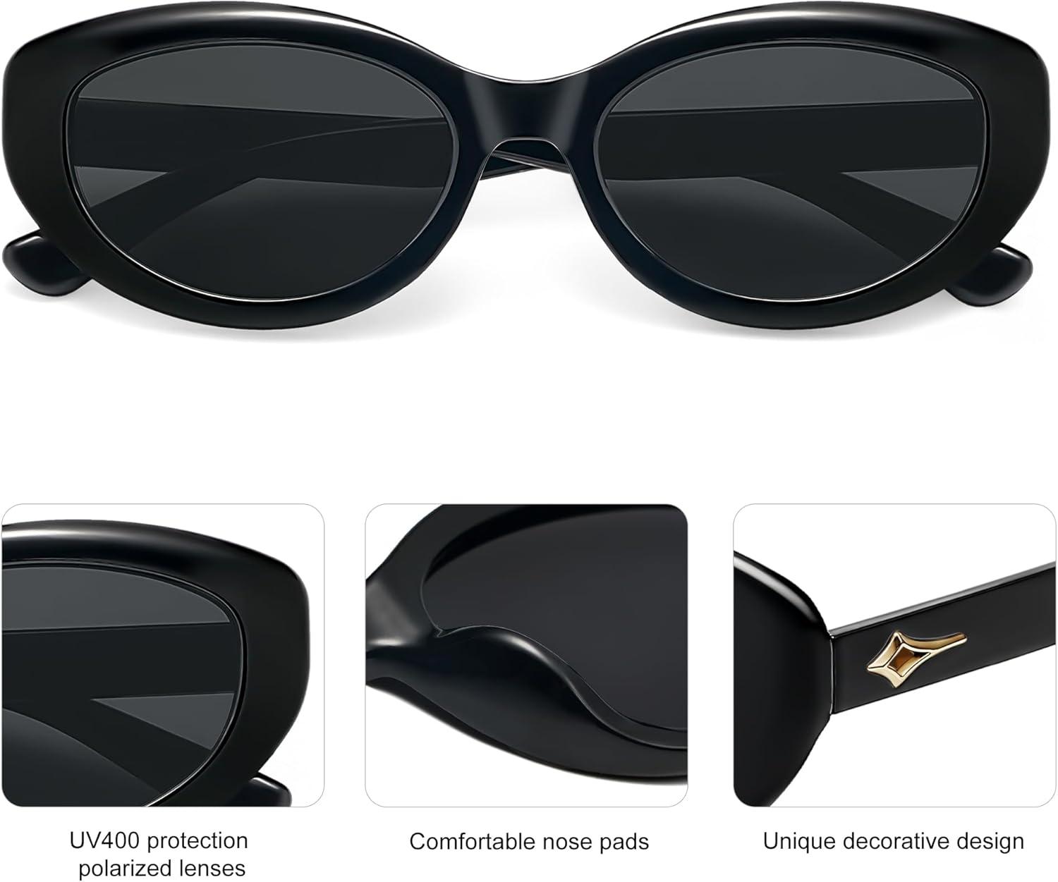 imageSOJOS Trendy Oval Polarized Sunglasses for Women Retro Small Cat Eye Sun Glasses 90s Shades SJ2322Black