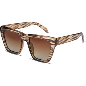 imageSOJOS Fashion Oversized Square Cat Eye Polarized Sunglasses for Women Trendy Cateye Style Womens Sunglasses SJ2179Light Brown StripBrown Grading