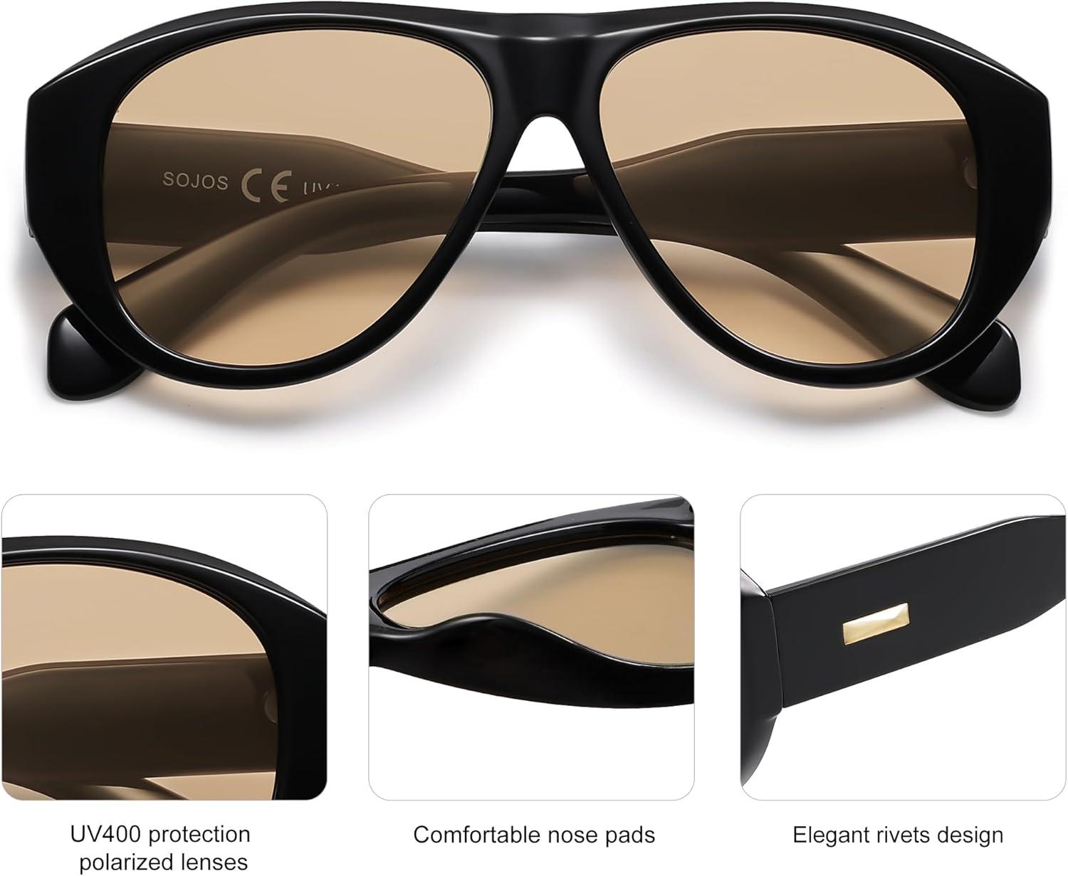 imageSOJOS Retro Oversized Polarized Aviator Sunglasses for Women Men Vintage 70s Style UV Protection Sunnies SJ2328BlackLight Brown