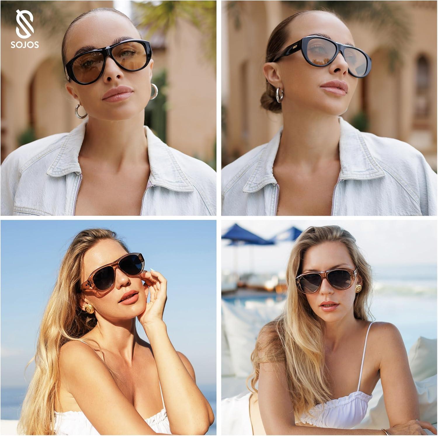imageSOJOS Retro Oversized Polarized Aviator Sunglasses for Women Men Vintage 70s Style UV Protection Sunnies SJ2328Bright BlackGrey Grading