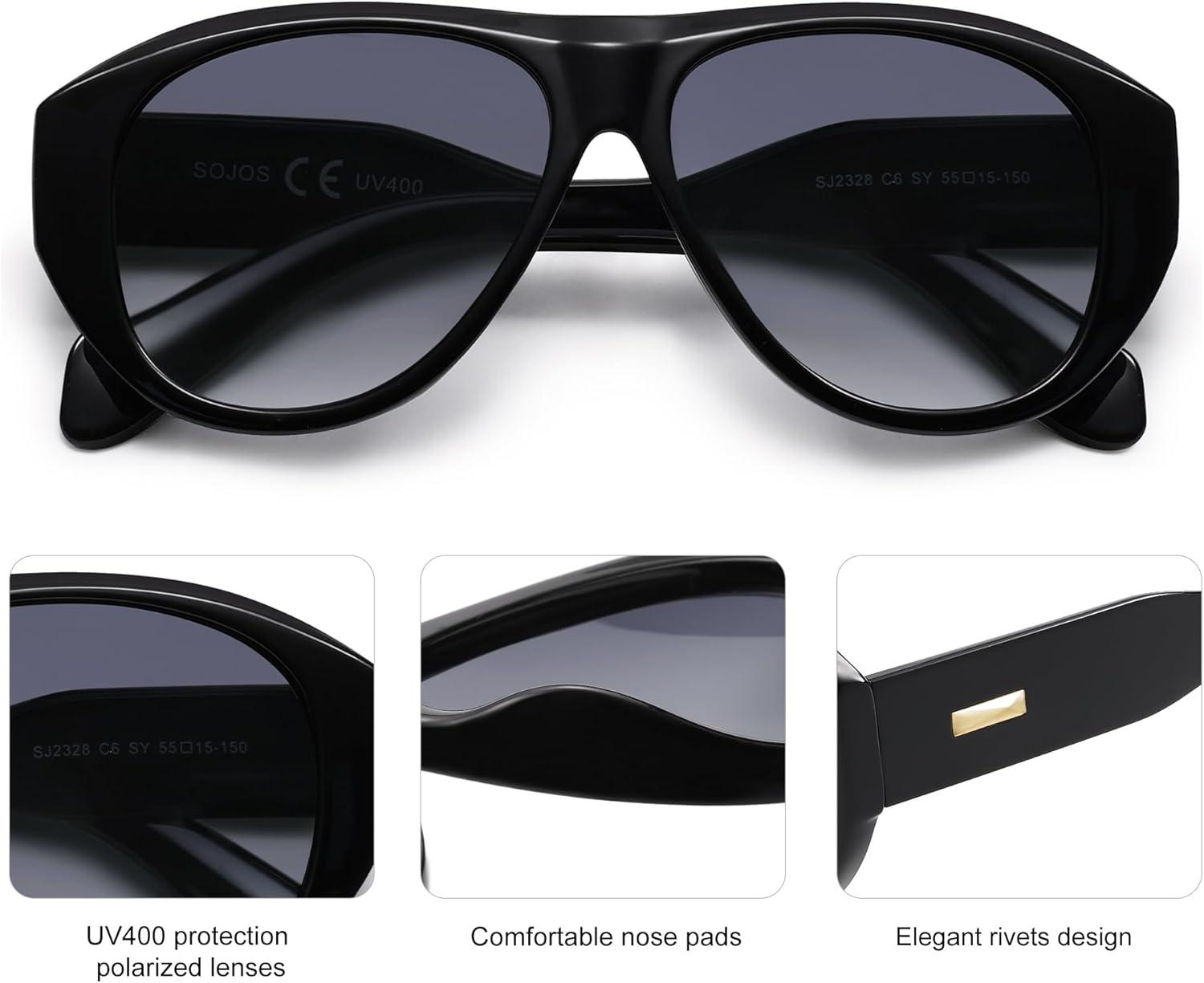 imageSOJOS Retro Oversized Polarized Aviator Sunglasses for Women Men Vintage 70s Style UV Protection Sunnies SJ2328Bright BlackGrey Grading