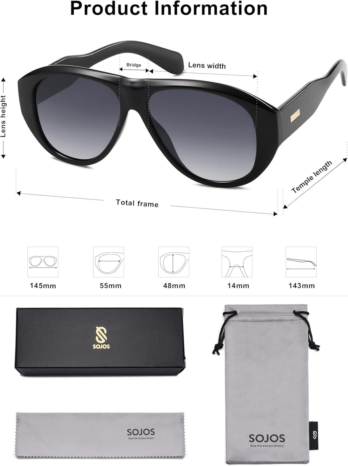 imageSOJOS Retro Oversized Polarized Aviator Sunglasses for Women Men Vintage 70s Style UV Protection Sunnies SJ2328Bright BlackGrey Grading