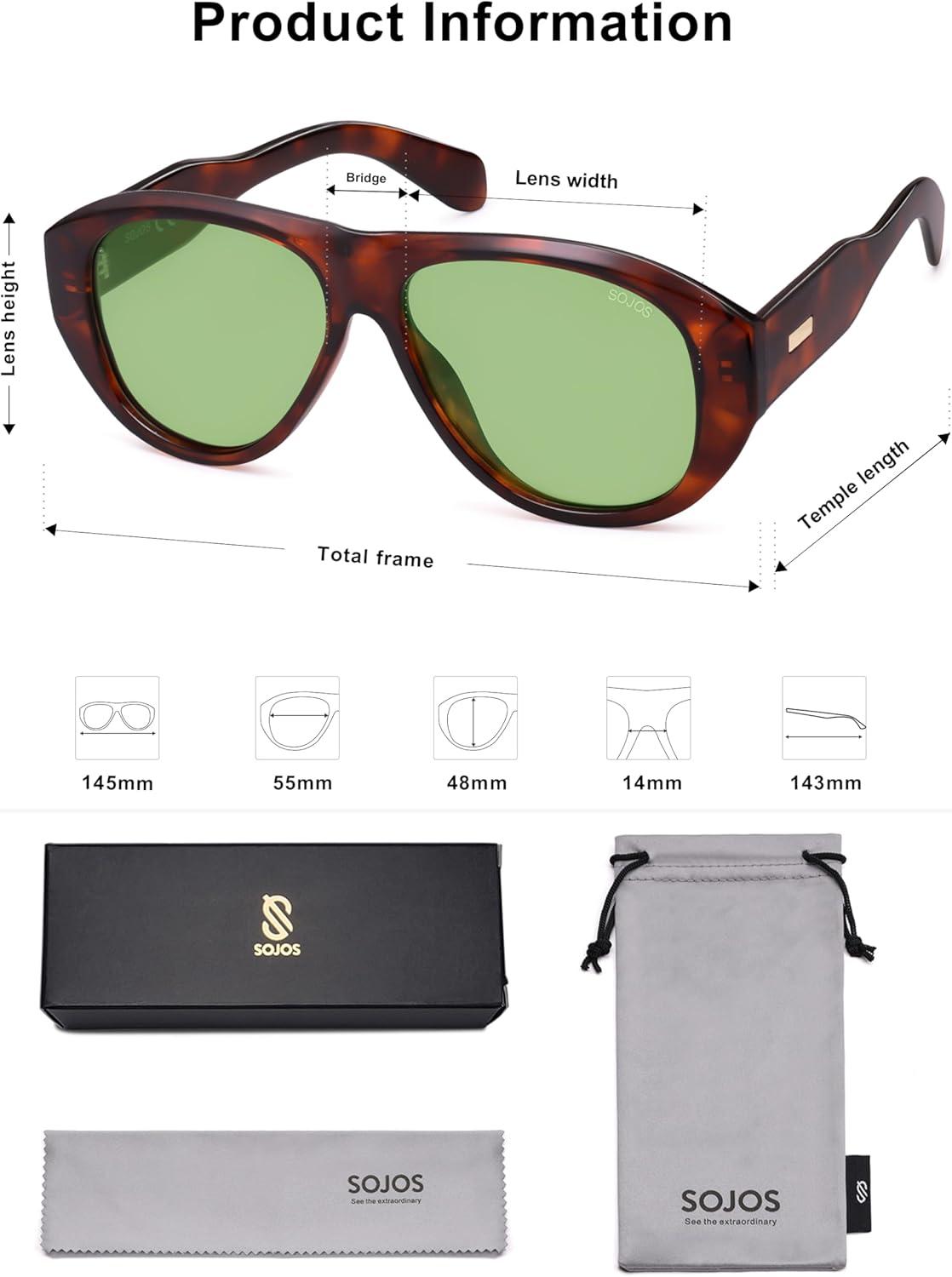 imageSOJOS Retro Oversized Polarized Aviator Sunglasses for Women Men Vintage 70s Style UV Protection Sunnies SJ2328Brown PatternGreen