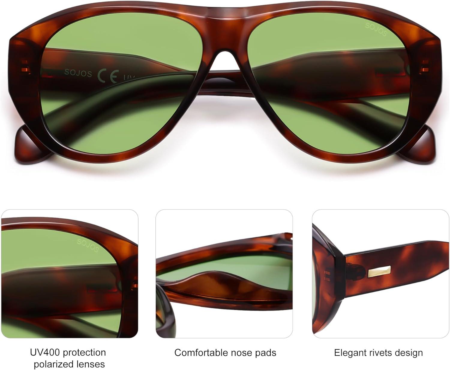 imageSOJOS Retro Oversized Polarized Aviator Sunglasses for Women Men Vintage 70s Style UV Protection Sunnies SJ2328Brown PatternGreen