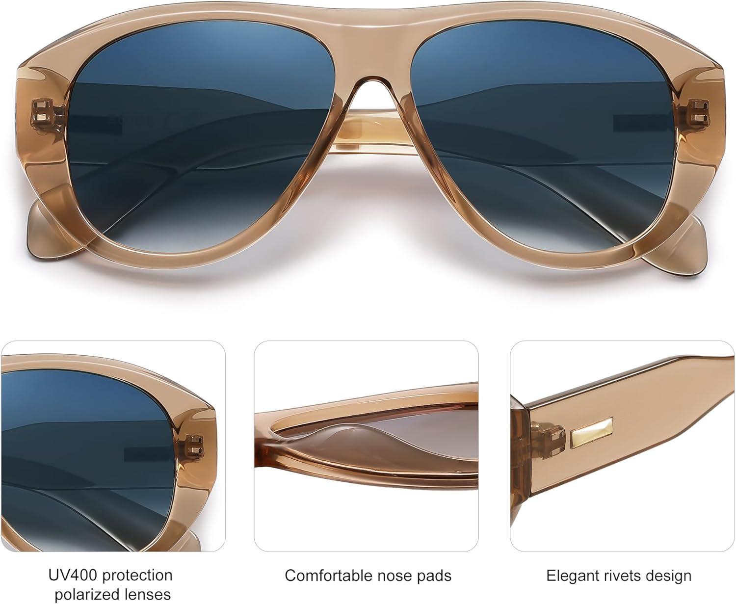 imageSOJOS Retro Oversized Polarized Aviator Sunglasses for Women Men Vintage 70s Style UV Protection Sunnies SJ2328Light BrownBluishgrey