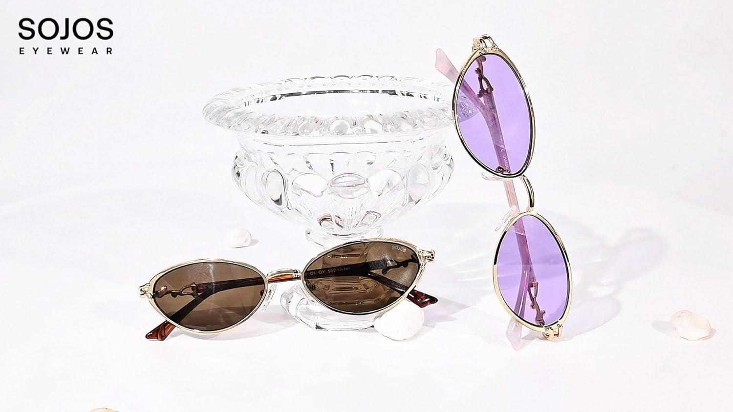 imageSOJOS Retro Cat Eye Sunglasses Women Men Acetate Metal Frame Trendy Designer UV400 Sun Glasses Staghorn CoralGoldBrown