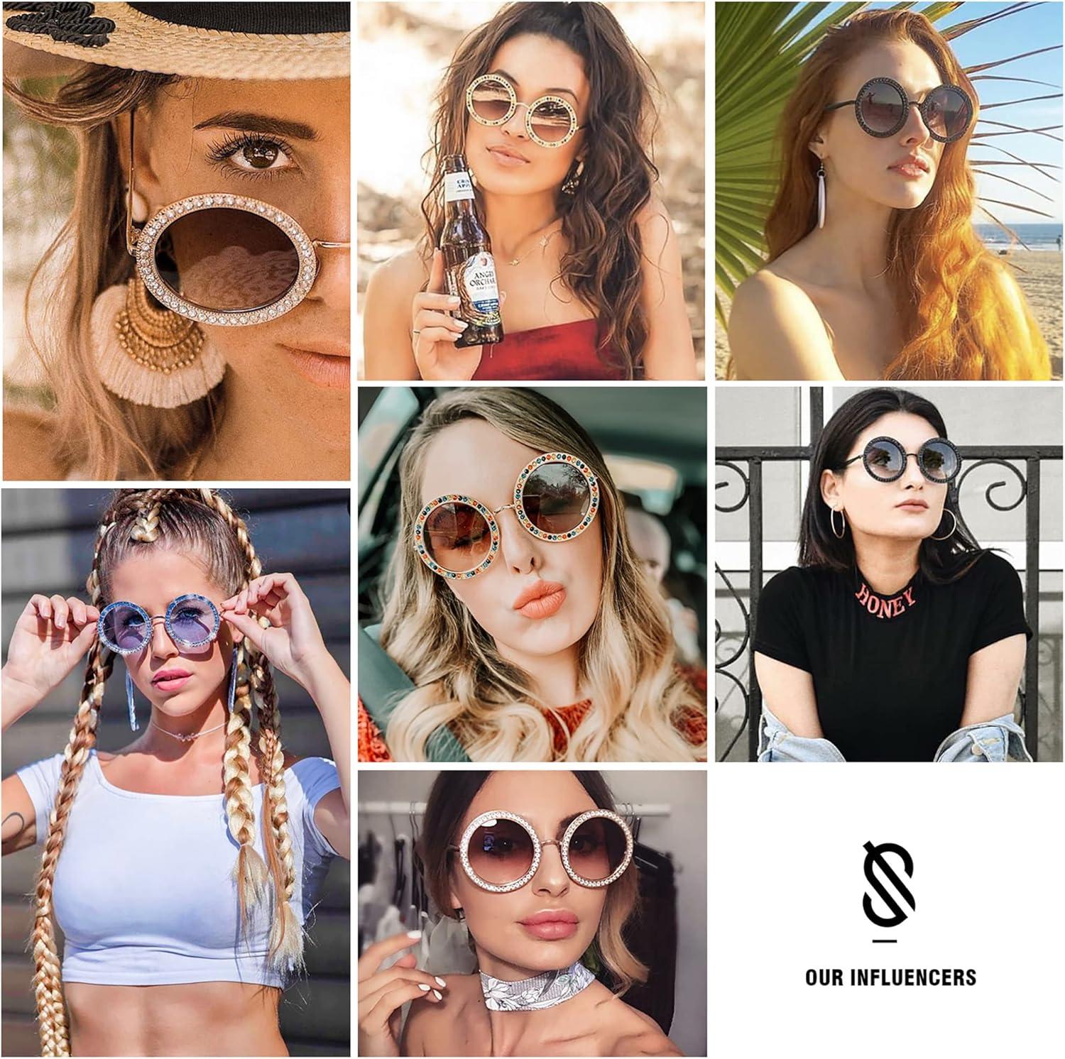imageSOJOS Shining Oversized Round Rhinestone Sunglasses Festival Gem Sunnies SJ1095C05 Gold FrameGradient Brown Lens With Colored Diamonds