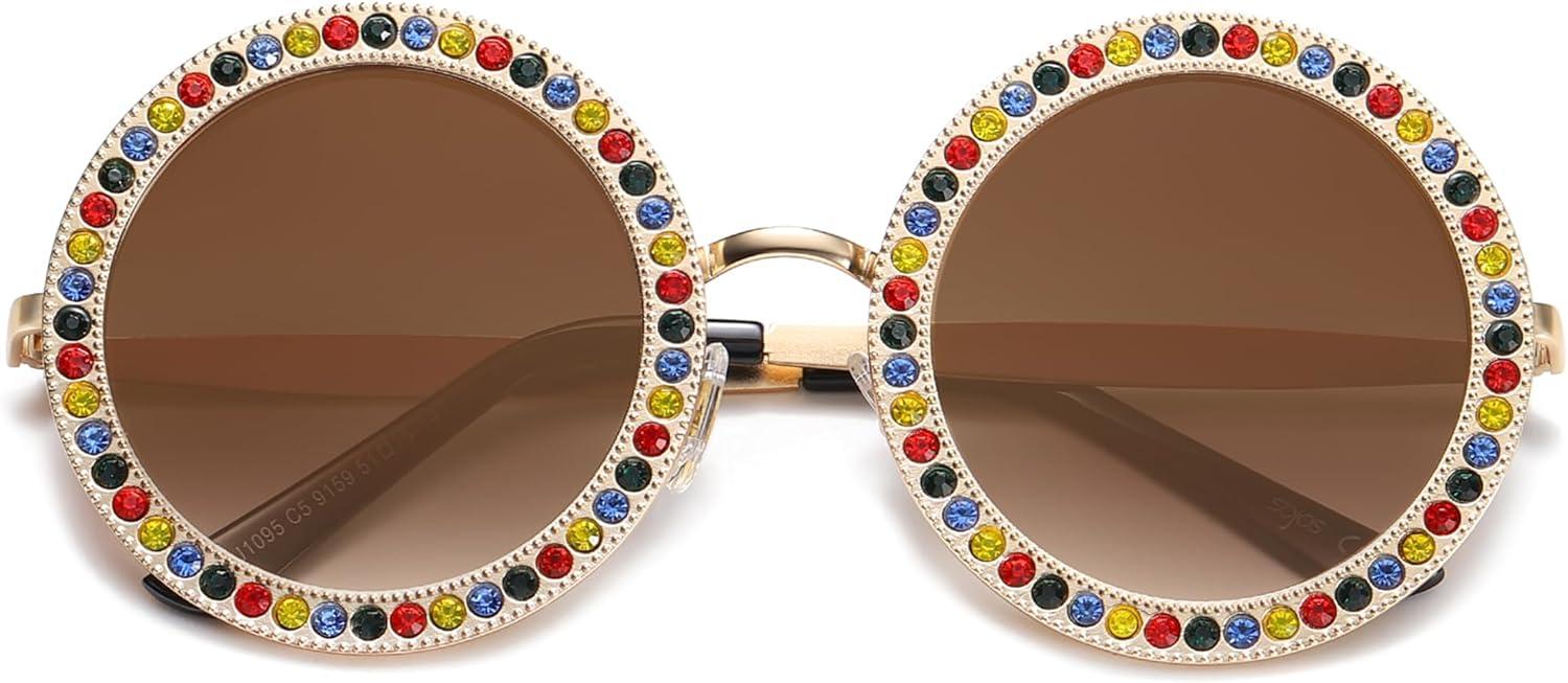 imageSOJOS Shining Oversized Round Rhinestone Sunglasses Festival Gem Sunnies SJ1095C05 Gold FrameGradient Brown Lens With Colored Diamonds
