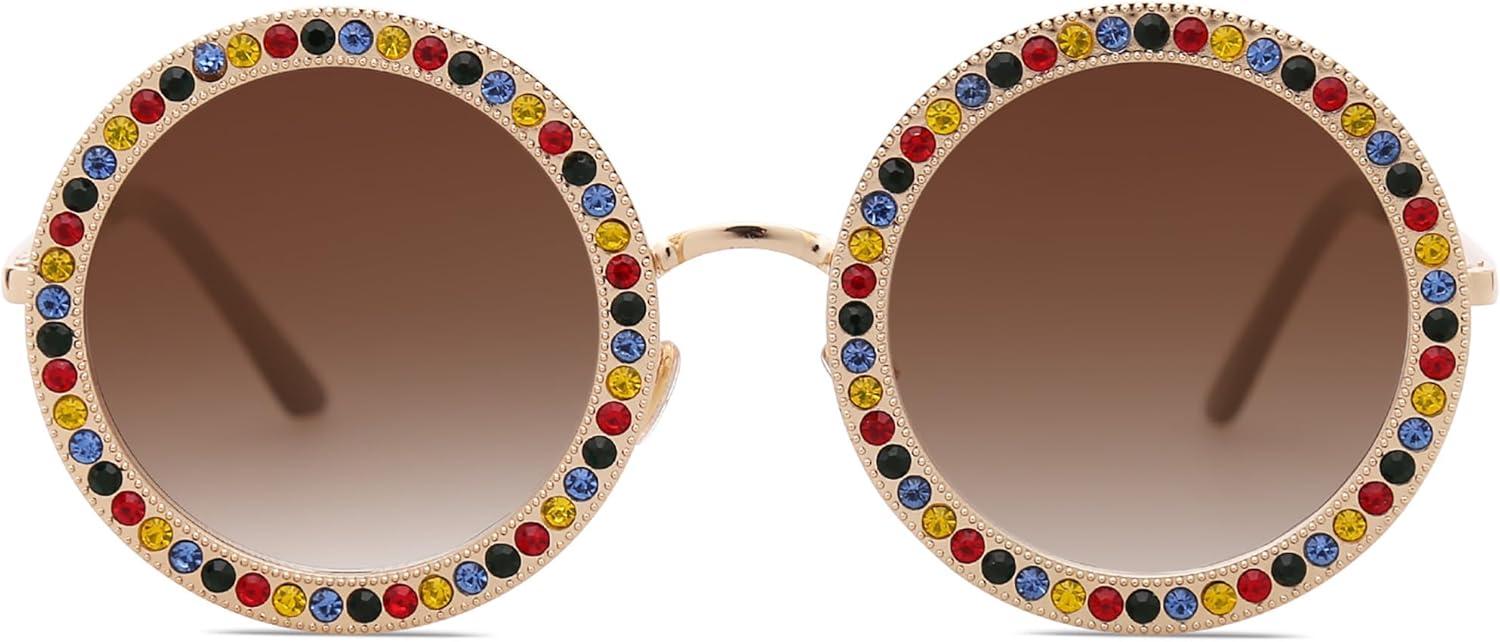 imageSOJOS Shining Oversized Round Rhinestone Sunglasses Festival Gem Sunnies SJ1095C05 Gold FrameGradient Brown Lens With Colored Diamonds