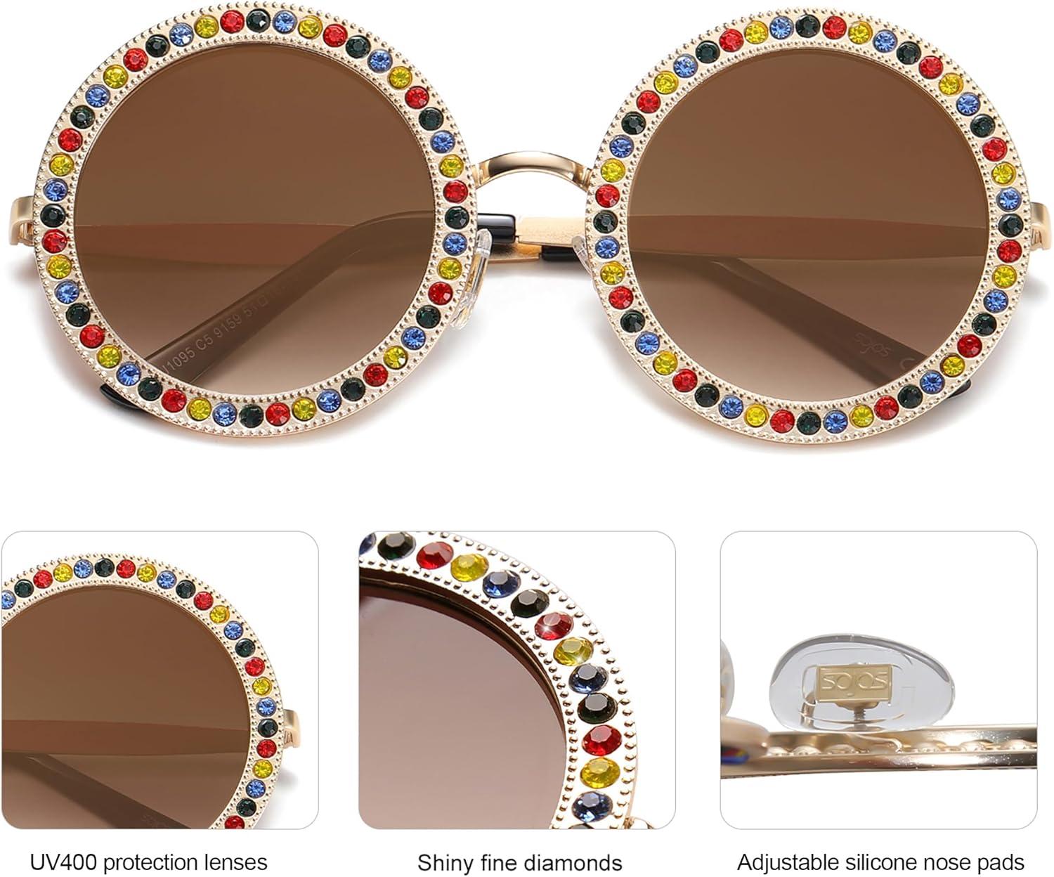imageSOJOS Shining Oversized Round Rhinestone Sunglasses Festival Gem Sunnies SJ1095C05 Gold FrameGradient Brown Lens With Colored Diamonds