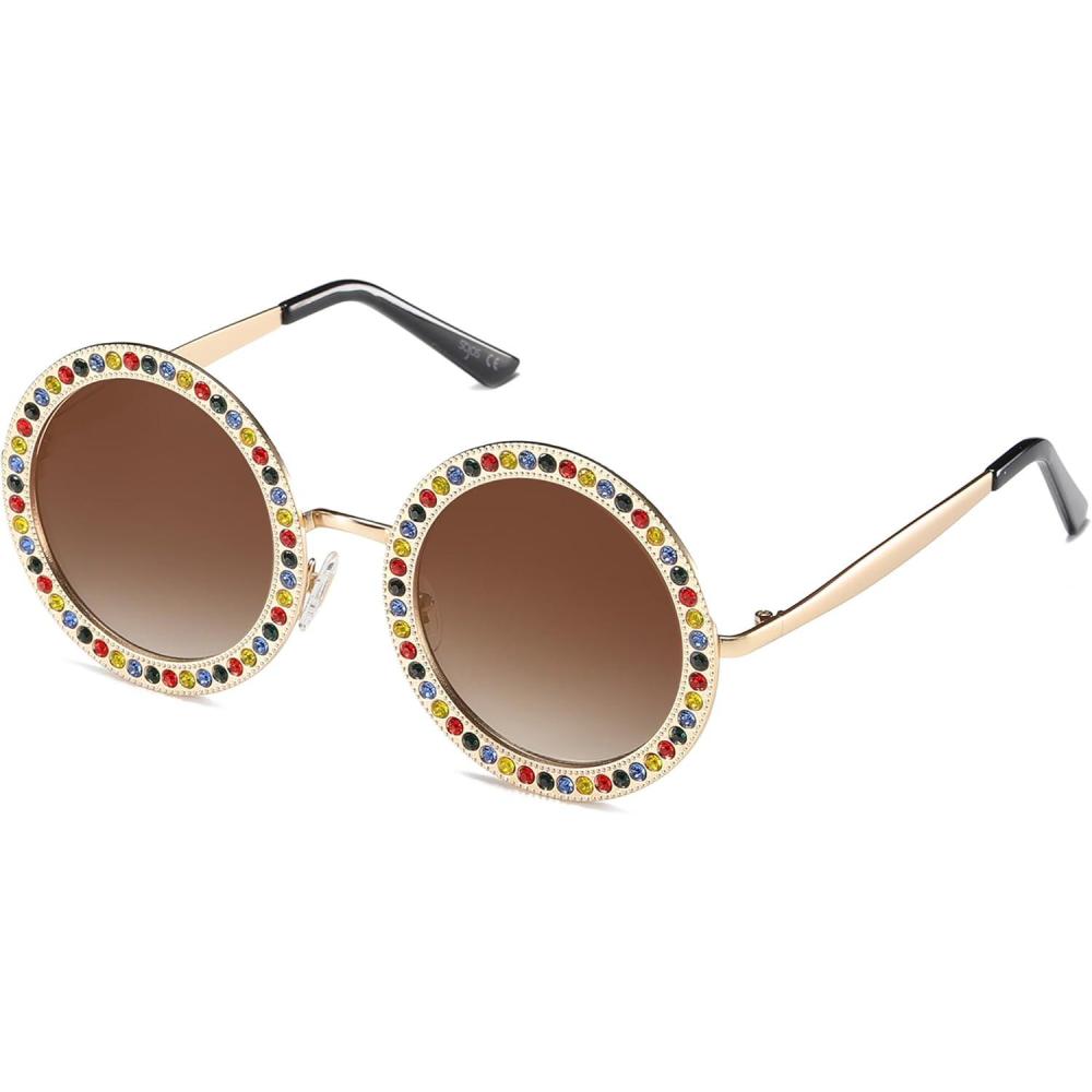 imageSOJOS Shining Oversized Round Rhinestone Sunglasses Festival Gem Sunnies SJ1095C05 Gold FrameGradient Brown Lens With Colored Diamonds