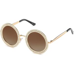 imageSOJOS Shining Oversized Round Rhinestone Sunglasses Festival Gem Sunnies SJ1095C02 Gold FrameGradient Brown Lens With Crystal Diamonds