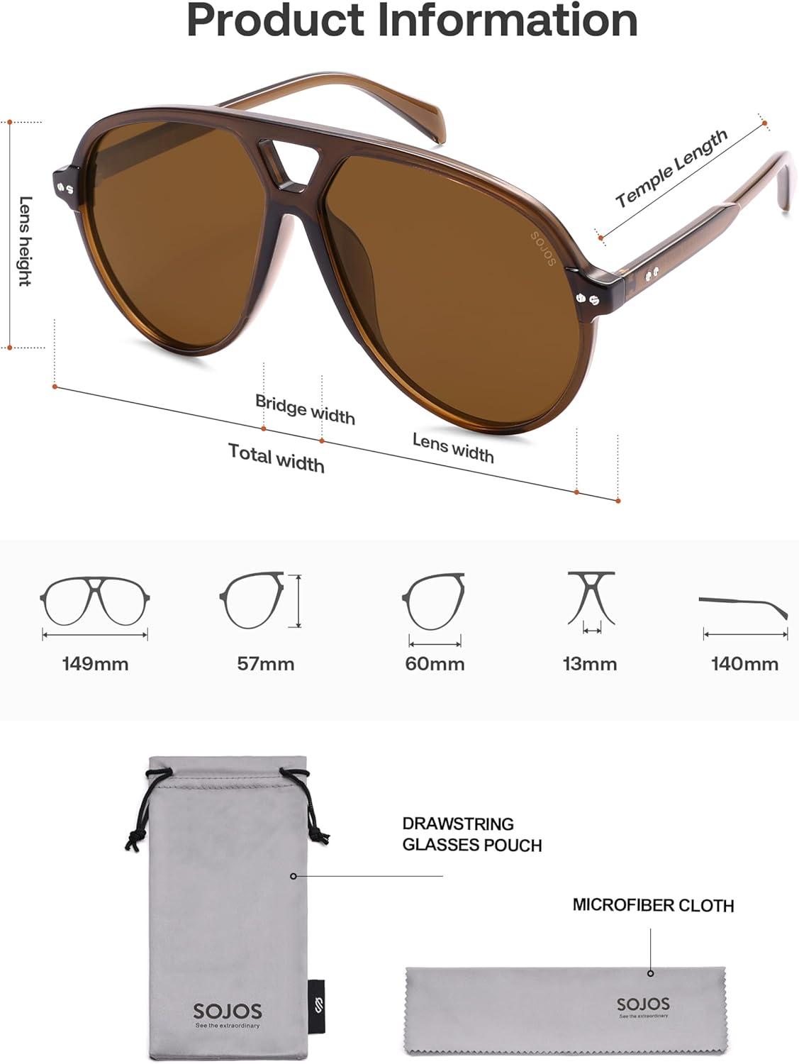 imageSOJOS Oversized Retro Aviator Sunglasses for Women Men Tangle Free Classic Vintage 70s Shades SJ2665Transparent BrownBrown Lens