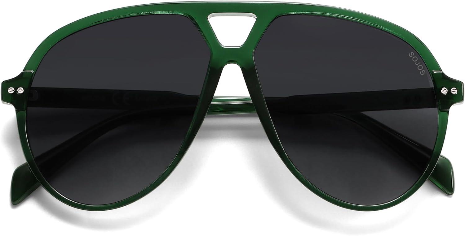 imageSOJOS Oversized Retro Aviator Sunglasses for Women Men Tangle Free Classic Vintage 70s Shades SJ2665Transparent GreenGrey Grading Lens