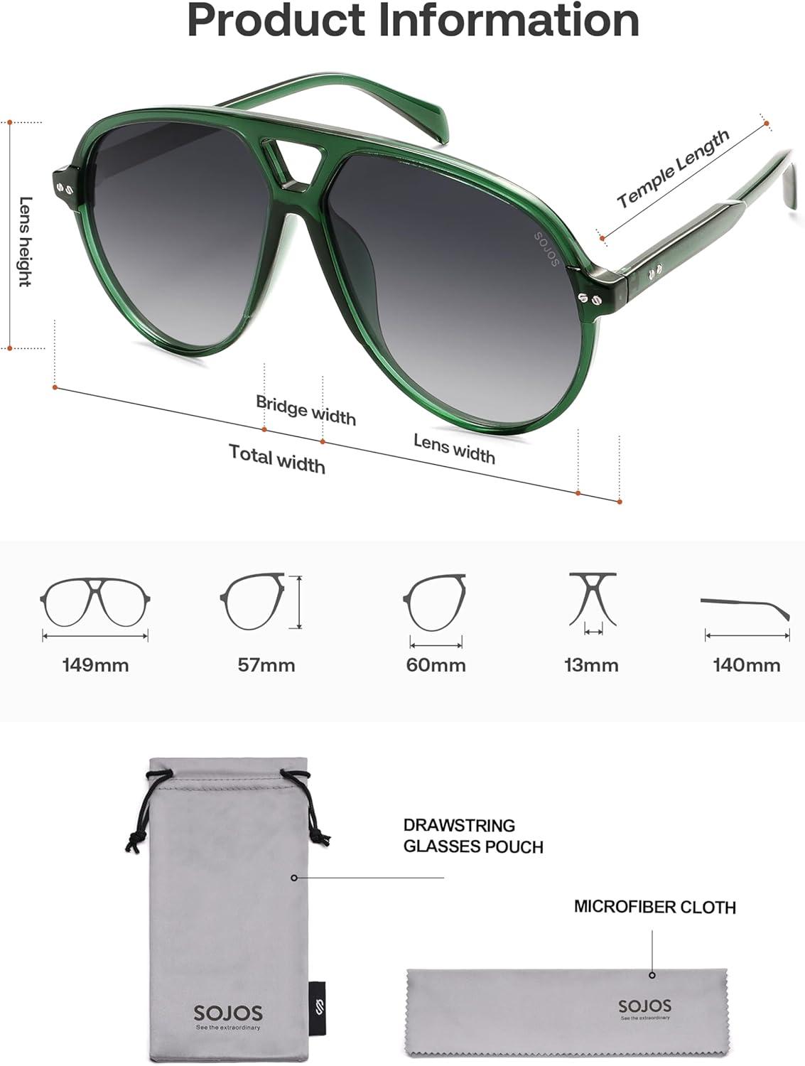 imageSOJOS Oversized Retro Aviator Sunglasses for Women Men Tangle Free Classic Vintage 70s Shades SJ2665Transparent GreenGrey Grading Lens