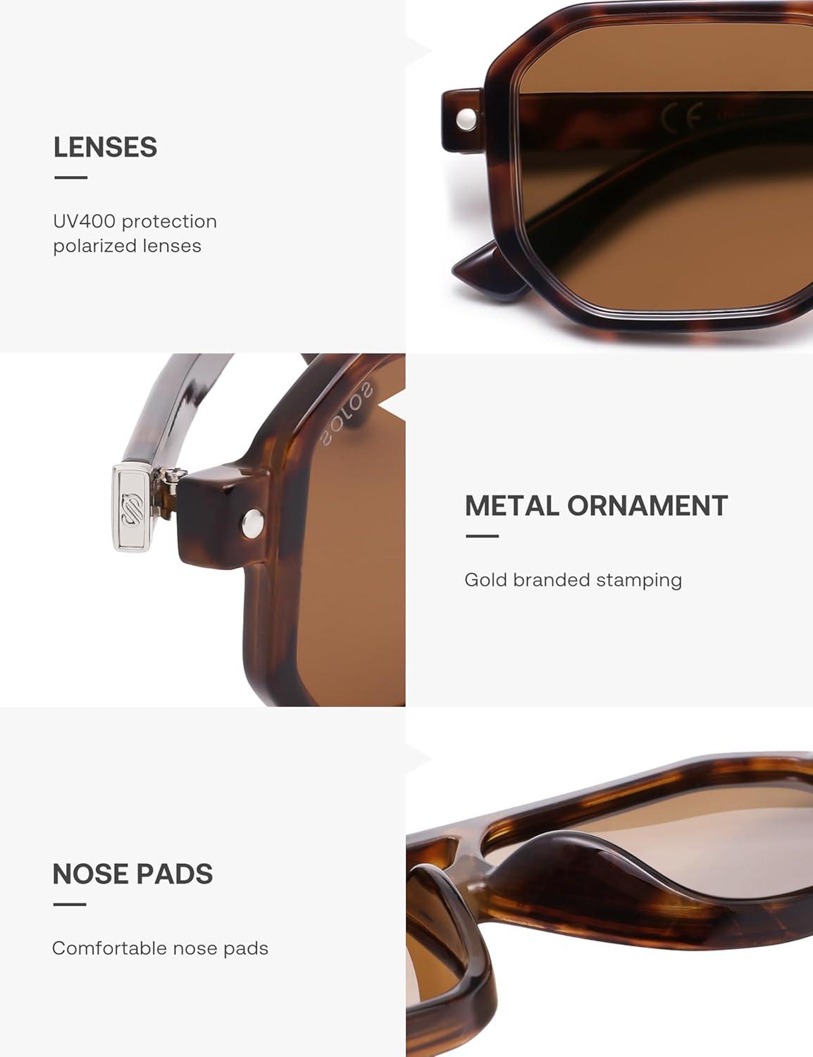 imageSOJOS Retro Polarized Square Aviator Sunglasses for Women Men Vintage 70s UV400 Protection Shade SJ2609Tortoise Brown Lens