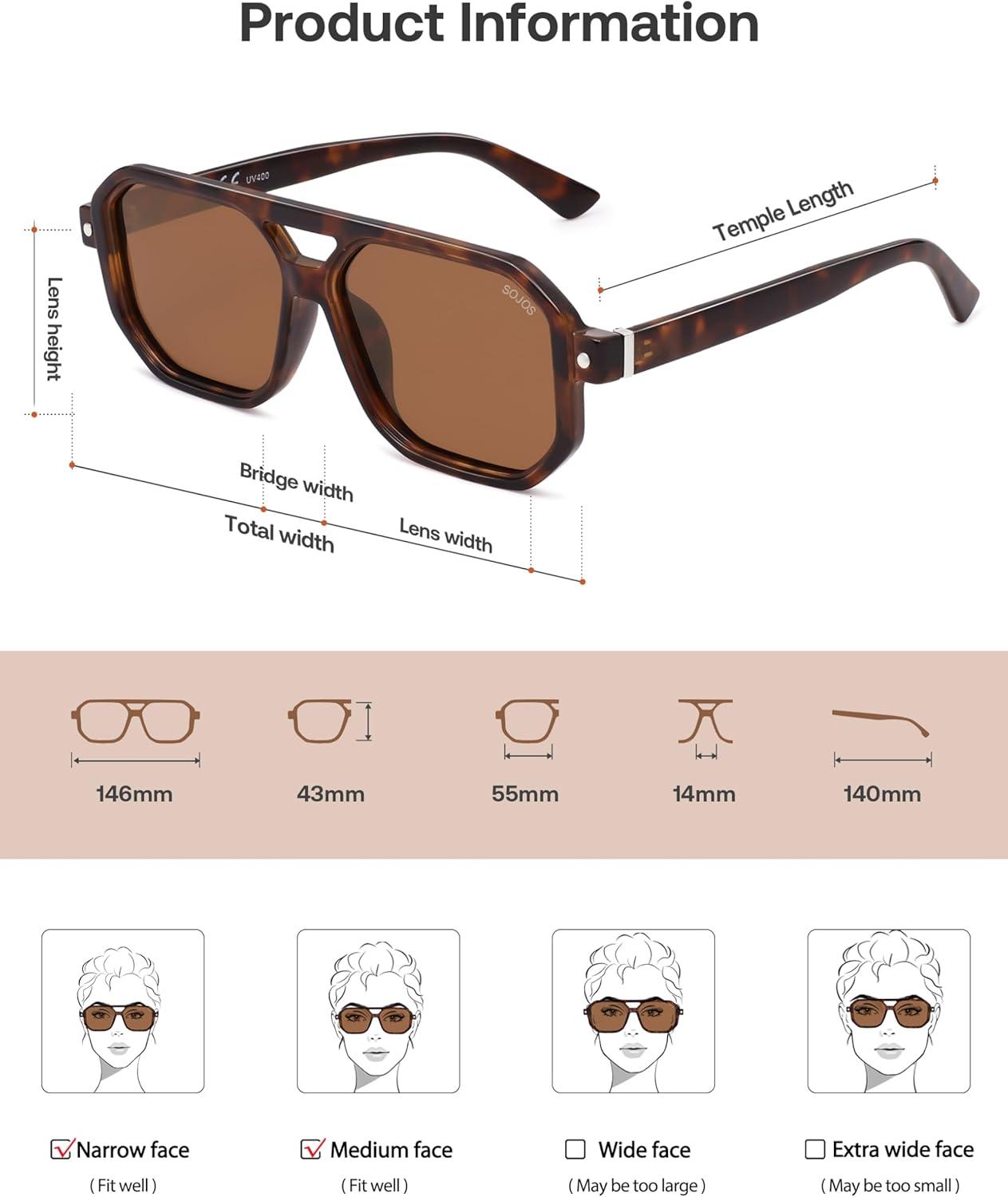 imageSOJOS Retro Polarized Square Aviator Sunglasses for Women Men Vintage 70s UV400 Protection Shade SJ2609Tortoise Brown Lens