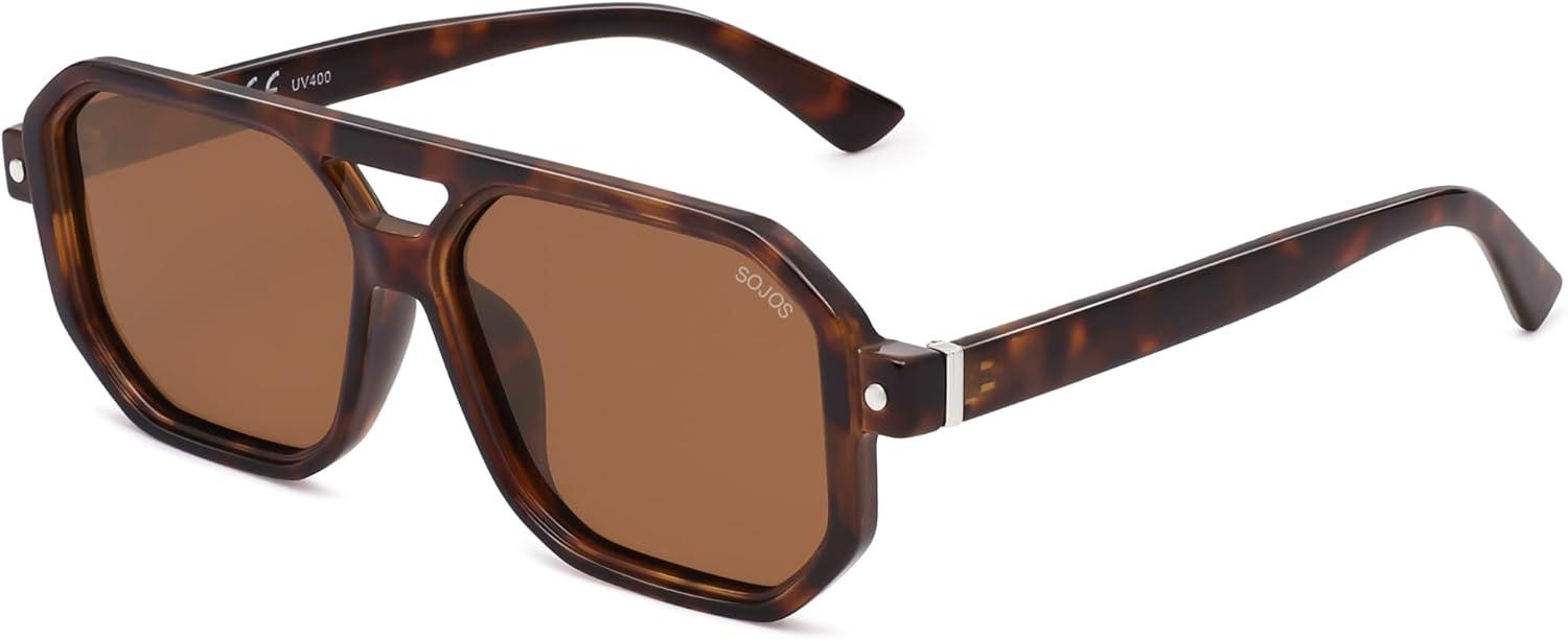 imageSOJOS Retro Polarized Square Aviator Sunglasses for Women Men Vintage 70s UV400 Protection Shade SJ2609Tortoise Brown Lens