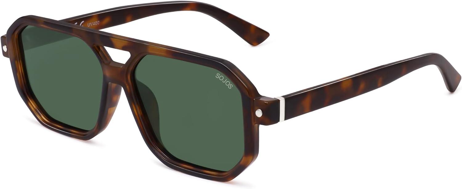 imageSOJOS Retro Polarized Square Aviator Sunglasses for Women Men Vintage 70s UV400 Protection Shade SJ2609Tortoise Green Lens