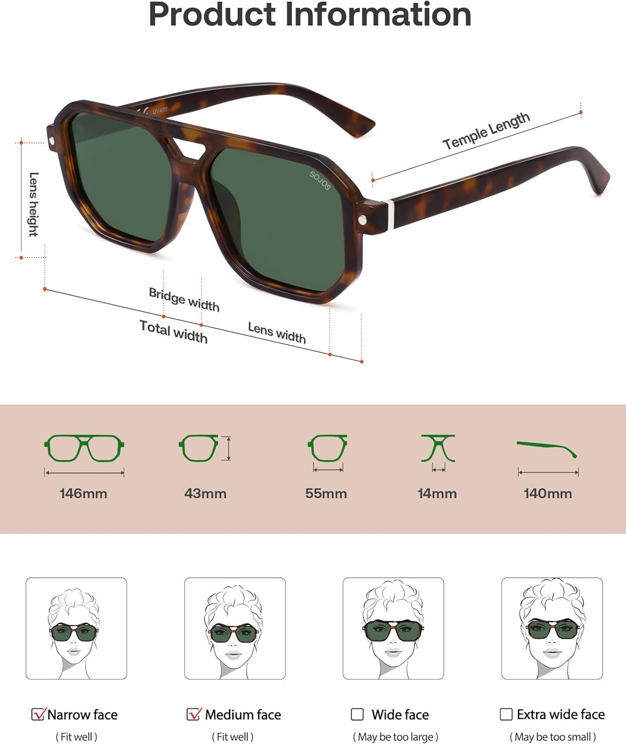 imageSOJOS Retro Polarized Square Aviator Sunglasses for Women Men Vintage 70s UV400 Protection Shade SJ2609Tortoise Green Lens