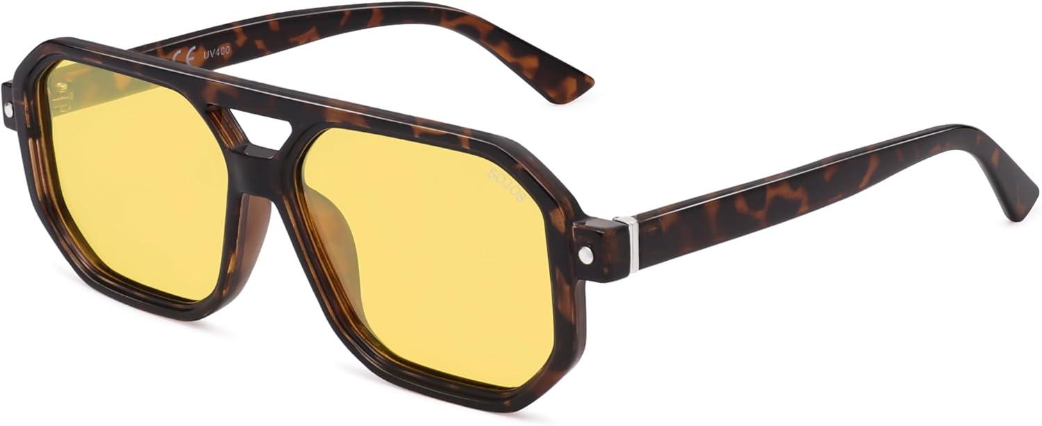 imageSOJOS Retro Polarized Square Aviator Sunglasses for Women Men Vintage 70s UV400 Protection Shade SJ2609Tortoise Yellow Lens