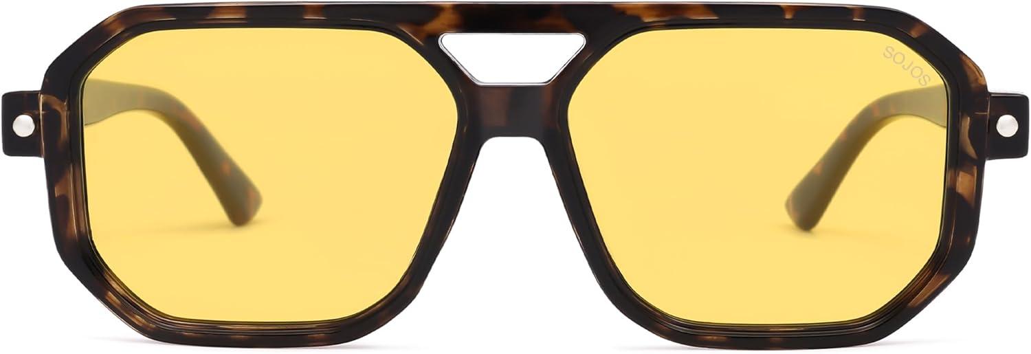 imageSOJOS Retro Polarized Square Aviator Sunglasses for Women Men Vintage 70s UV400 Protection Shade SJ2609Tortoise Yellow Lens