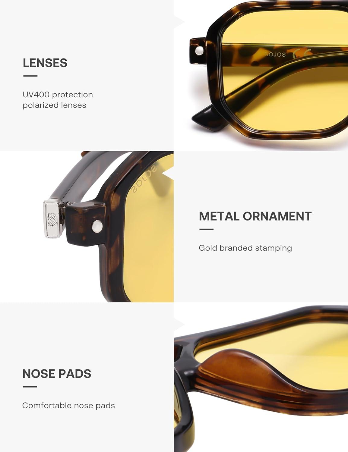 imageSOJOS Retro Polarized Square Aviator Sunglasses for Women Men Vintage 70s UV400 Protection Shade SJ2609Tortoise Yellow Lens