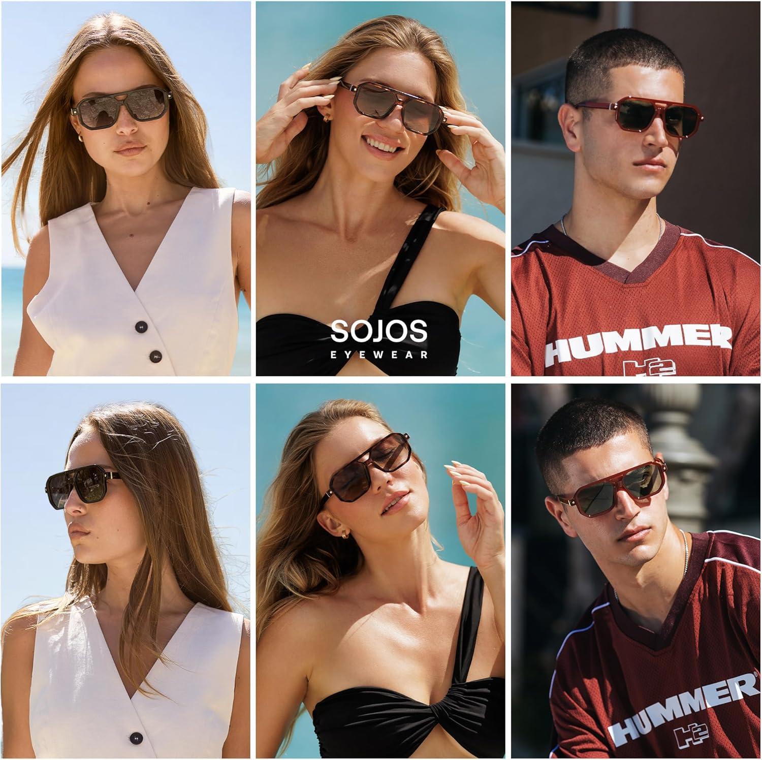 imageSOJOS Retro Polarized Square Aviator Sunglasses for Women Men Vintage 70s UV400 Protection Shade SJ2609Tortoise Yellow Lens