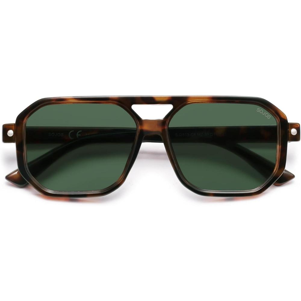 imageSOJOS Retro Polarized Square Aviator Sunglasses for Women Men Vintage 70s UV400 Protection Shade SJ2609Tortoise Green Lens