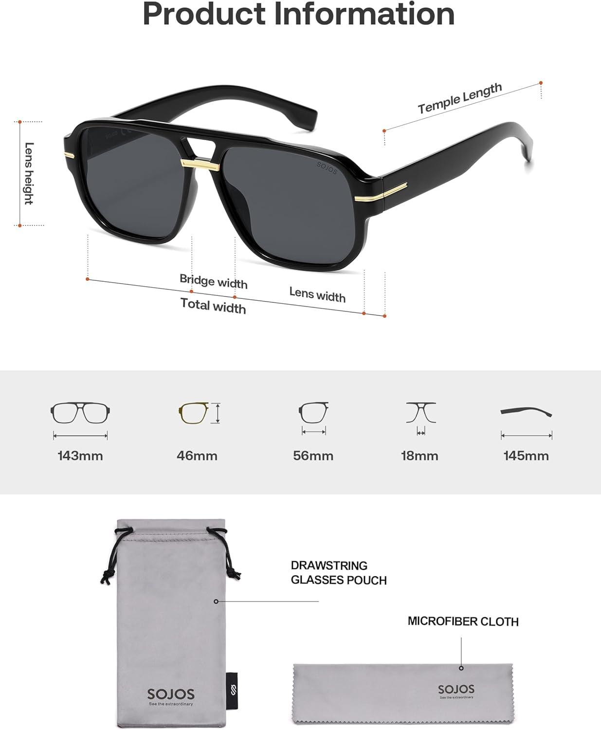 image:imageSOJOS Retro Square Aviator Sunglasses for Women Men 80s 90s Vintage Trendy Polarized Aviators SJ2692BlackGrey