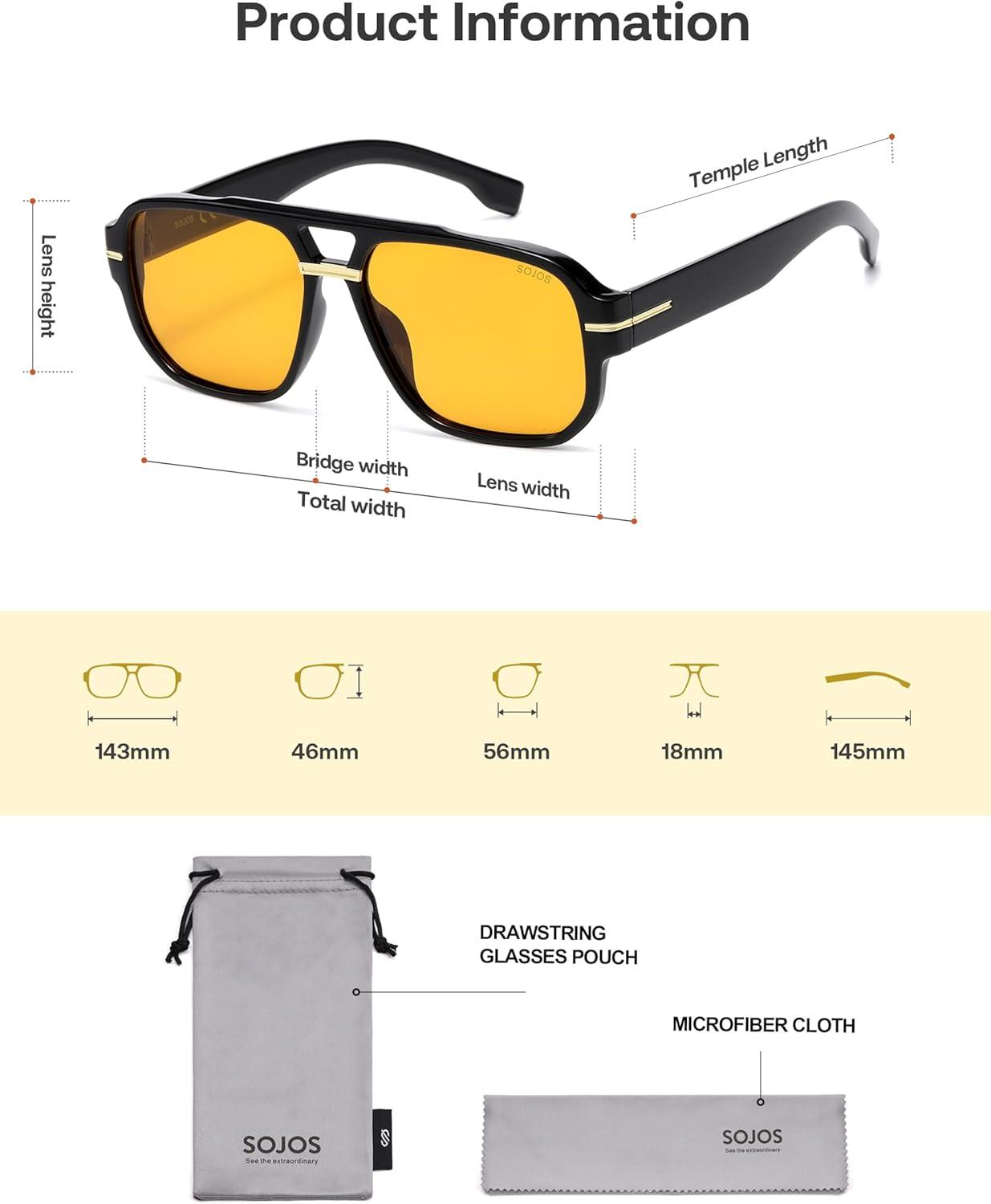 image:imageSOJOS Retro Square Aviator Sunglasses for Women Men 80s 90s Vintage Trendy Polarized Aviators SJ2692BlackLight Yellow Tint