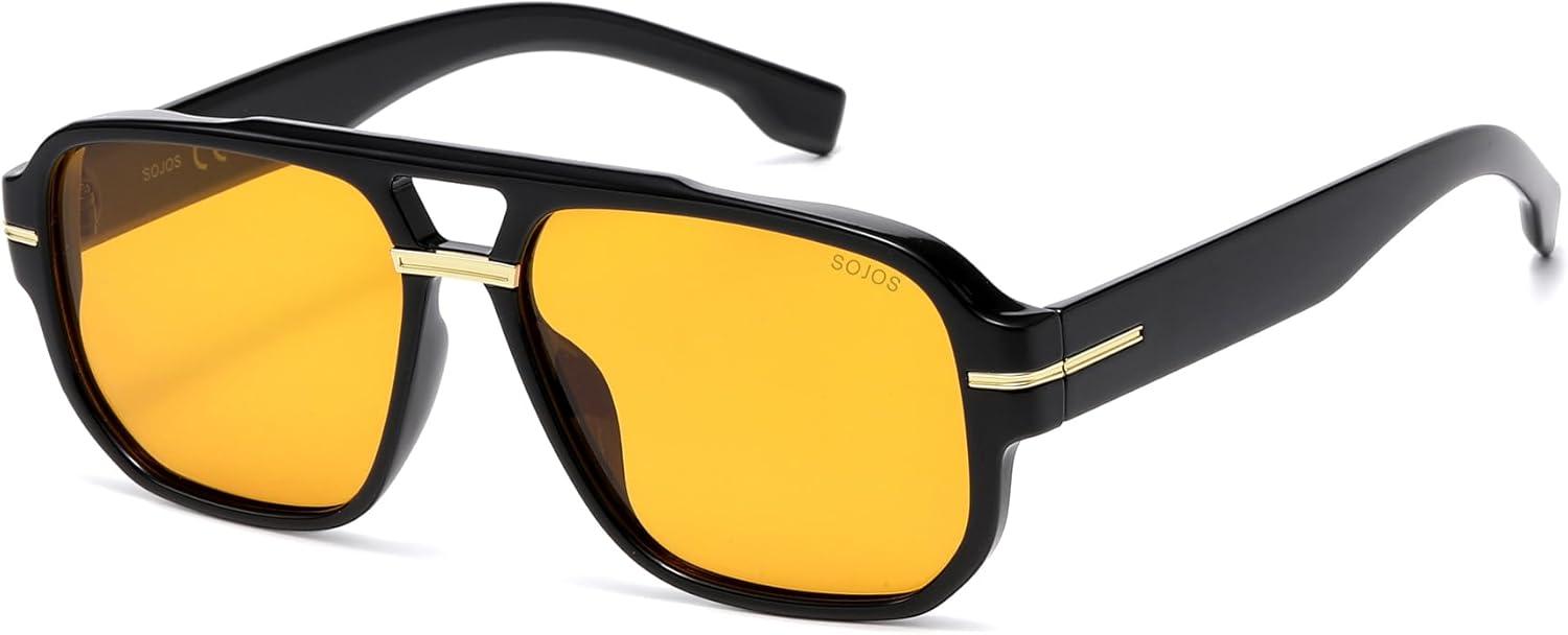 image:imageSOJOS Retro Square Aviator Sunglasses for Women Men 80s 90s Vintage Trendy Polarized Aviators SJ2692BlackLight Yellow Tint