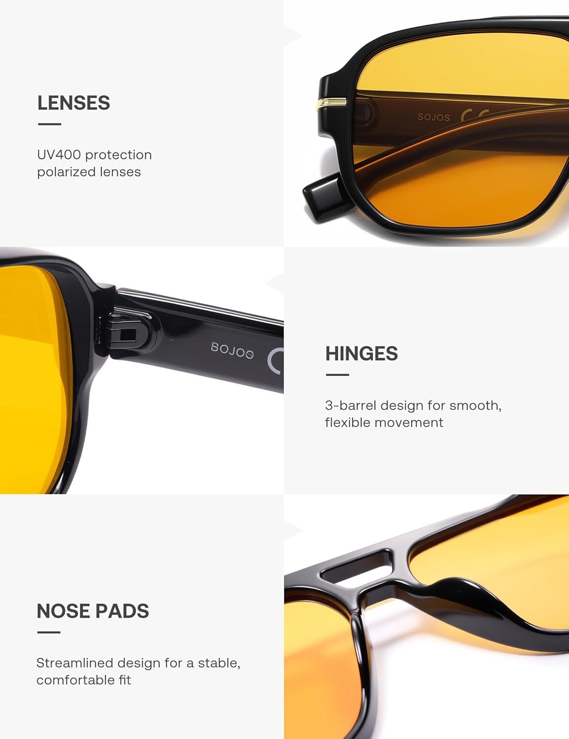 image:imageSOJOS Retro Square Aviator Sunglasses for Women Men 80s 90s Vintage Trendy Polarized Aviators SJ2692BlackLight Yellow Tint