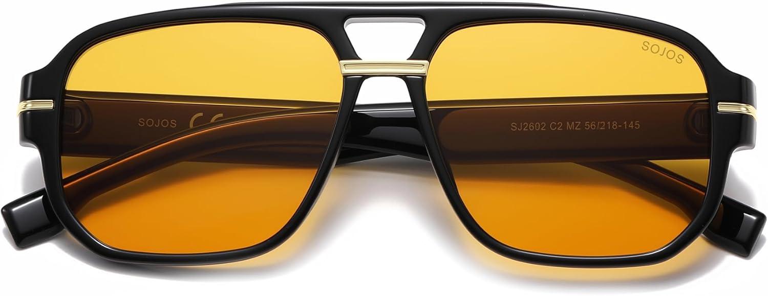 image:imageSOJOS Retro Square Aviator Sunglasses for Women Men 80s 90s Vintage Trendy Polarized Aviators SJ2692BlackLight Yellow Tint