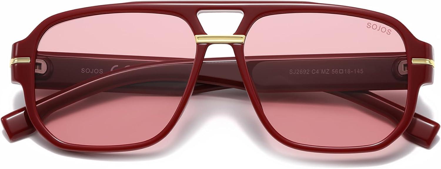 image:imageSOJOS Retro Square Aviator Sunglasses for Women Men 80s 90s Vintage Trendy Polarized Aviators SJ2692RedLight Red Tint