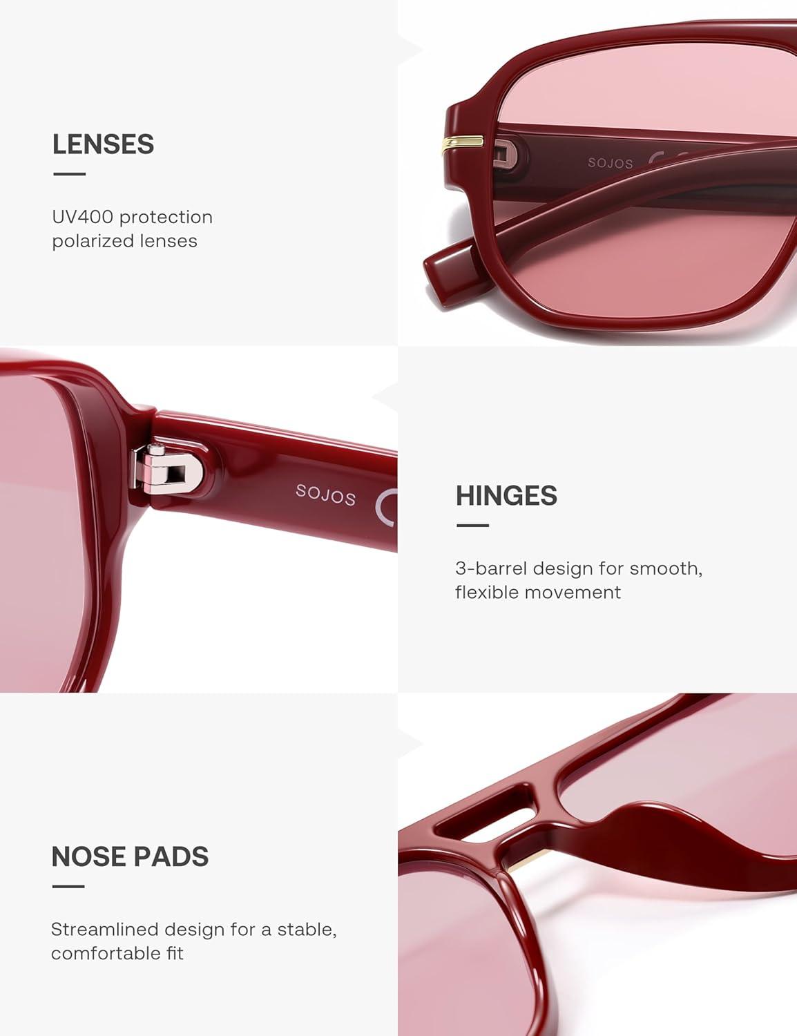 image:imageSOJOS Retro Square Aviator Sunglasses for Women Men 80s 90s Vintage Trendy Polarized Aviators SJ2692RedLight Red Tint