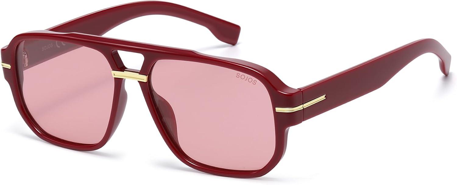image:imageSOJOS Retro Square Aviator Sunglasses for Women Men 80s 90s Vintage Trendy Polarized Aviators SJ2692RedLight Red Tint