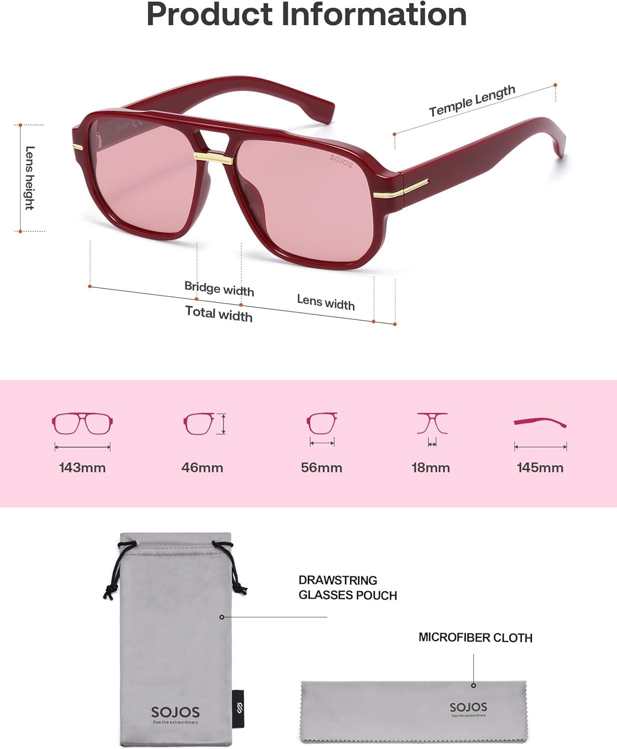 image:imageSOJOS Retro Square Aviator Sunglasses for Women Men 80s 90s Vintage Trendy Polarized Aviators SJ2692RedLight Red Tint