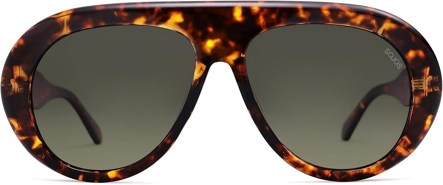 image:imageSOJOS Trendy Oversized Polarized Aviator Sunglasses Womens Men Retro Vintage 70s Style UV Protection Sun Glasses SJ2390LeopardGreyishgreen Grading Lens