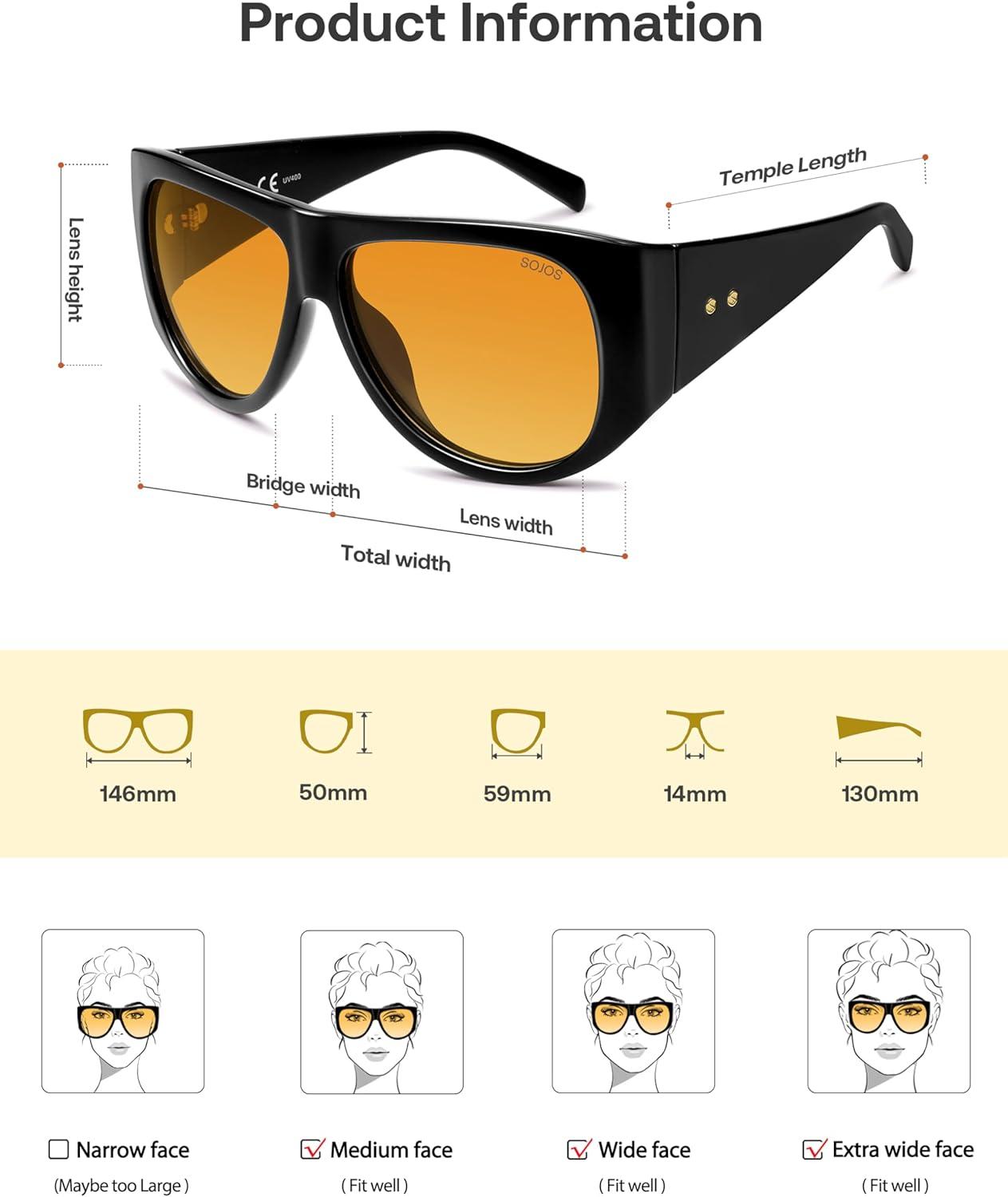 image:imageSOJOS Vintage Retro Oversized Big Aviator Polarized Sunglasses Womens Men SJ2615Black Frame Yellow Grading Lens