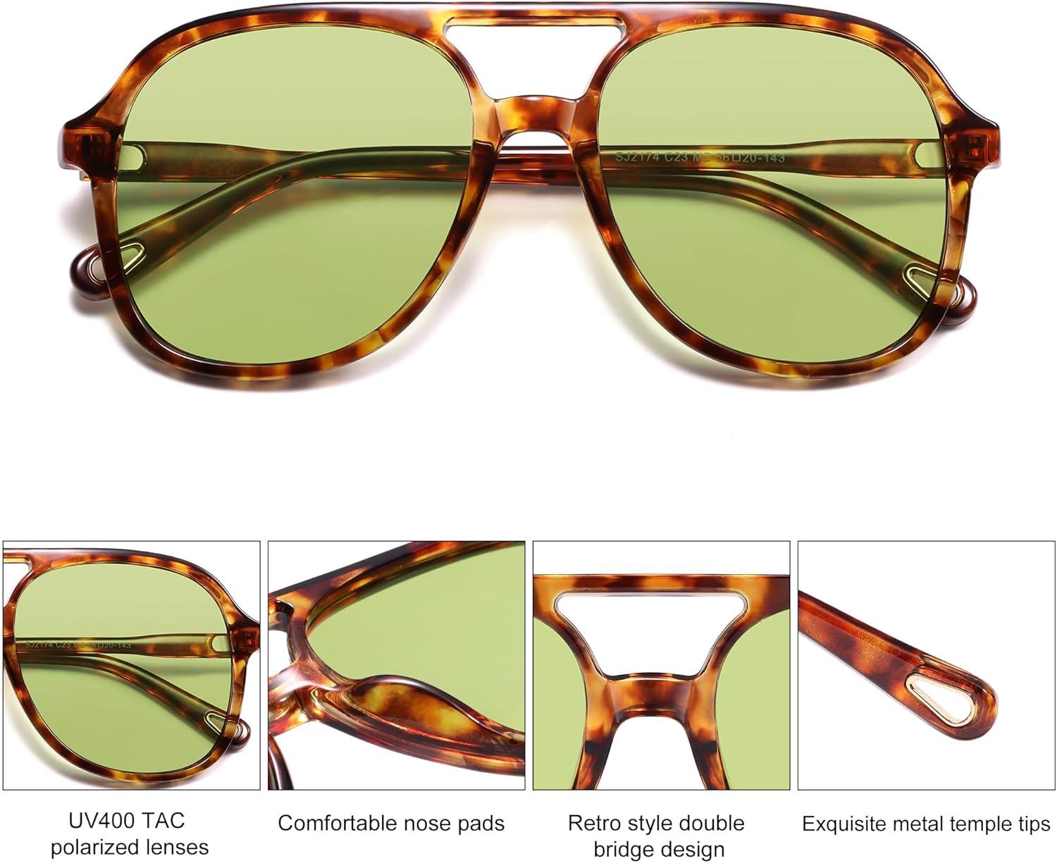 image:imageSOJOS Retro Polarized Aviator Sunglasses Womens Mens Classic 70s 80s Vintage Trendy Square Aviators SJ2174TortoiseLight Green Tint