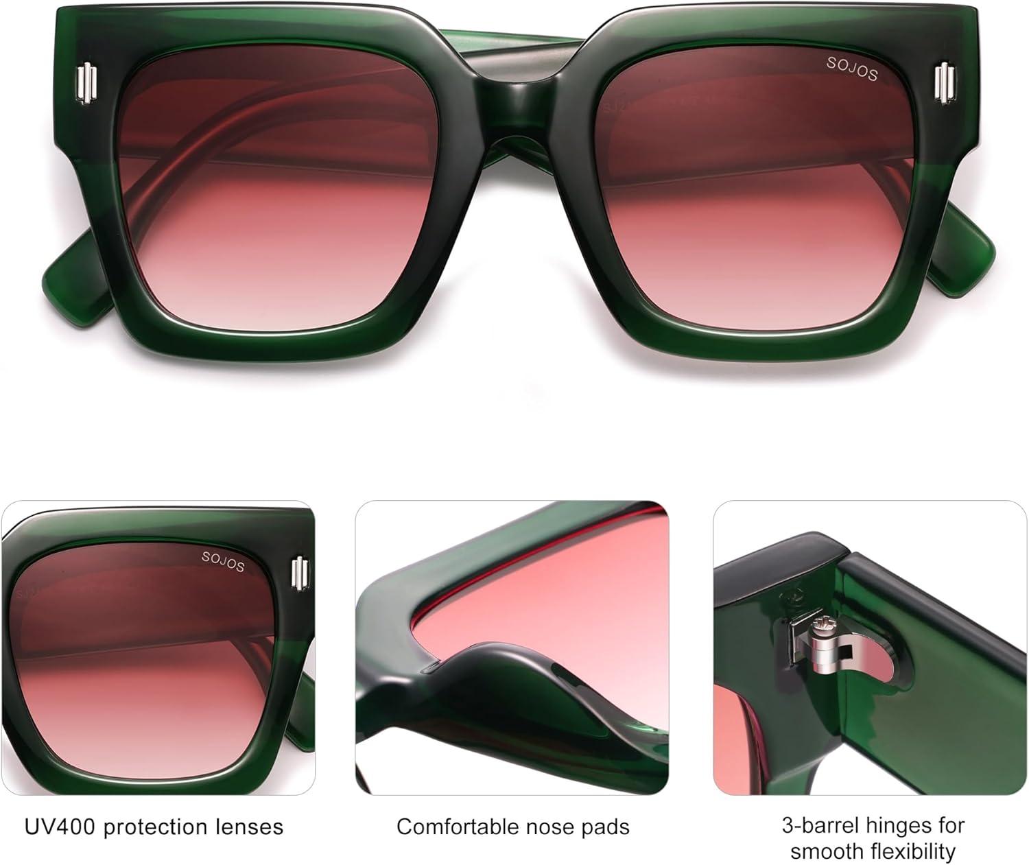 image:imageSOJOS Vintage Oversized Square Sunglasses for WomenRetro Womens Luxury Big Large Sun Glasses UV400 SJ2194Green FramePink Grading Lens