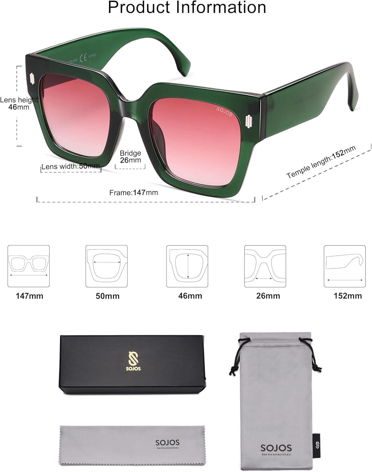 image:imageSOJOS Vintage Oversized Square Sunglasses for WomenRetro Womens Luxury Big Large Sun Glasses UV400 SJ2194Green FramePink Grading Lens