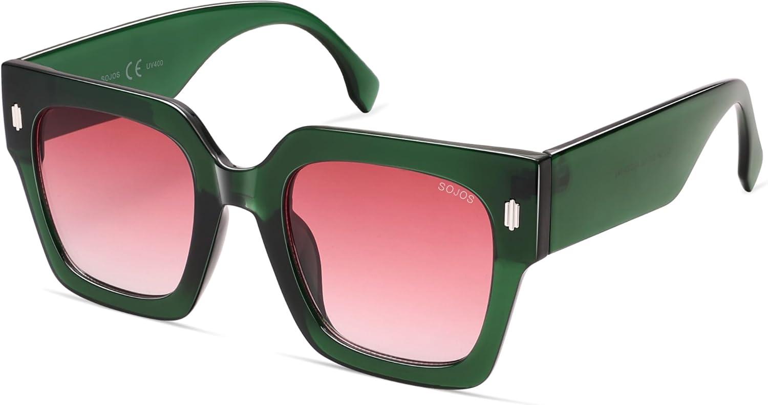 image:imageSOJOS Vintage Oversized Square Sunglasses for WomenRetro Womens Luxury Big Large Sun Glasses UV400 SJ2194Green FramePink Grading Lens
