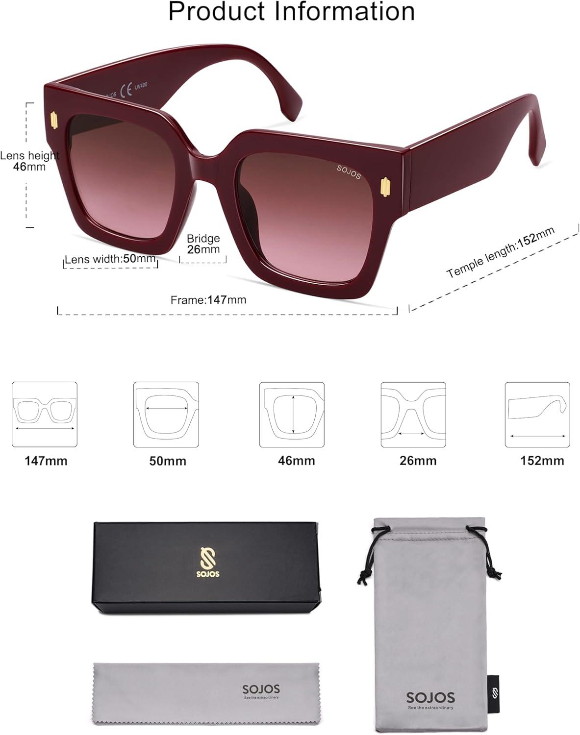 image:imageSOJOS Vintage Oversized Square Sunglasses for WomenRetro Womens Luxury Big Large Sun Glasses UV400 SJ2194Wine FrameRed Grading Lens