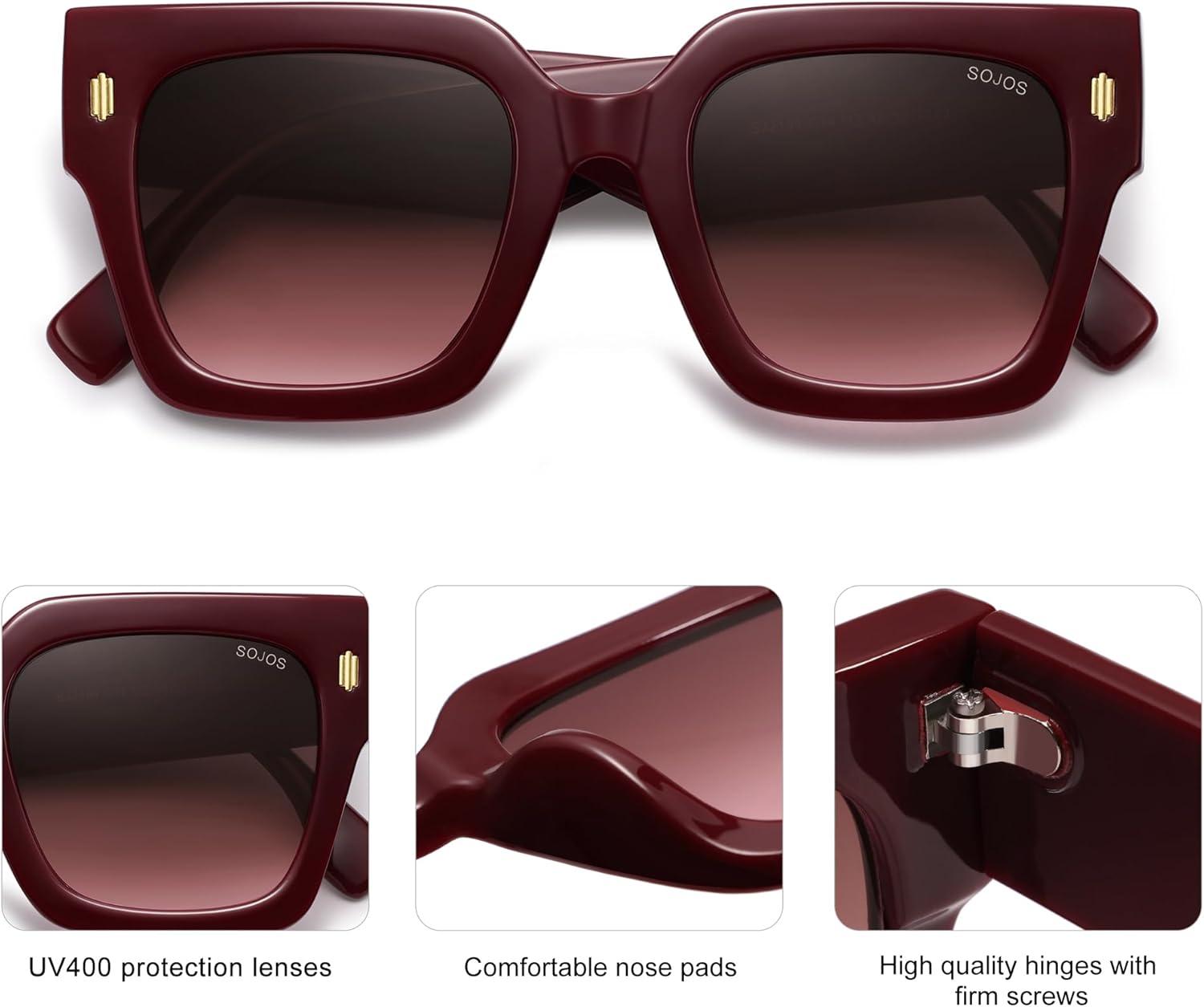 image:imageSOJOS Vintage Oversized Square Sunglasses for WomenRetro Womens Luxury Big Large Sun Glasses UV400 SJ2194Wine FrameRed Grading Lens