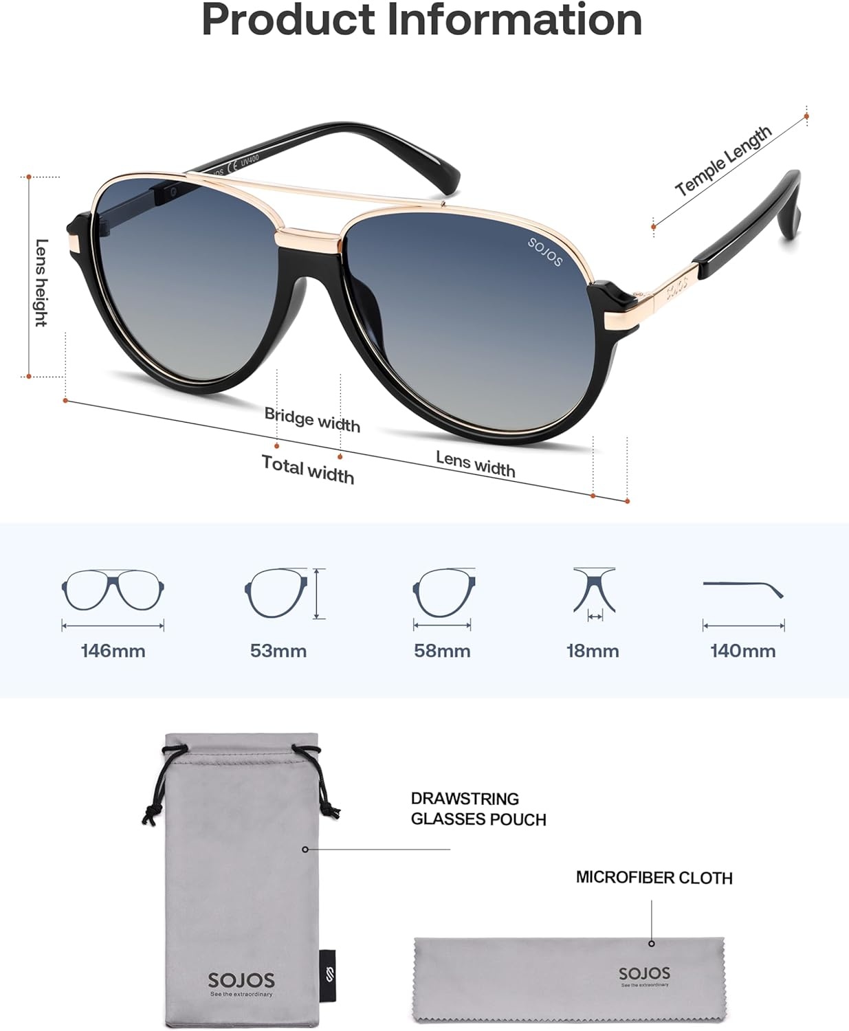 image:imageSOJOS Retro Oversized Polarized Aviator Sunglasses for Women Men Trendy Vintage Square Sun Glasses SJ2681BlackBlue Grading