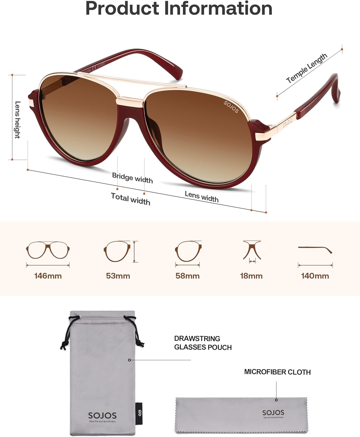 image:imageSOJOS Retro Oversized Polarized Aviator Sunglasses for Women Men Trendy Vintage Square Sun Glasses SJ2681RedBrown Grading